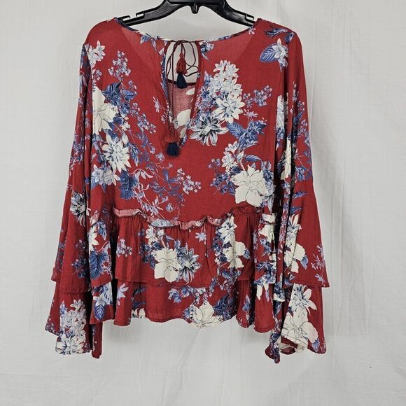 Altar'd State Women's  Size Medium Red Floral Ruffle Blouse Bell Sleeve Tie Neck - Picture 6 of 7